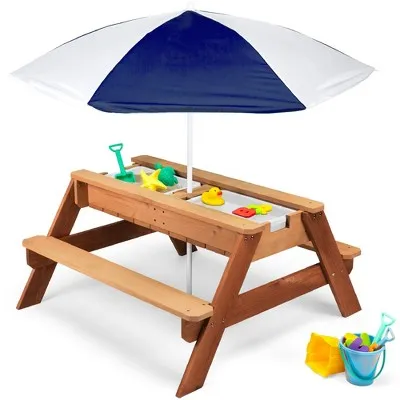 Best Choice Products Kids 3-in-1 Outdoor Convertible Activity Sand & Water Picnic Table w/ Umbrella