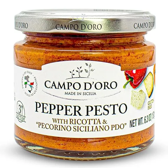 Sicilian Pepper Pesto with Ricotta and Pecorino, Glass Jar 6,3 oz. Campo D'Oro, Italian specialties. Sicilian ready sauce with Sicilian peppers, ricotta and Pecorino. 100% Made in Italy