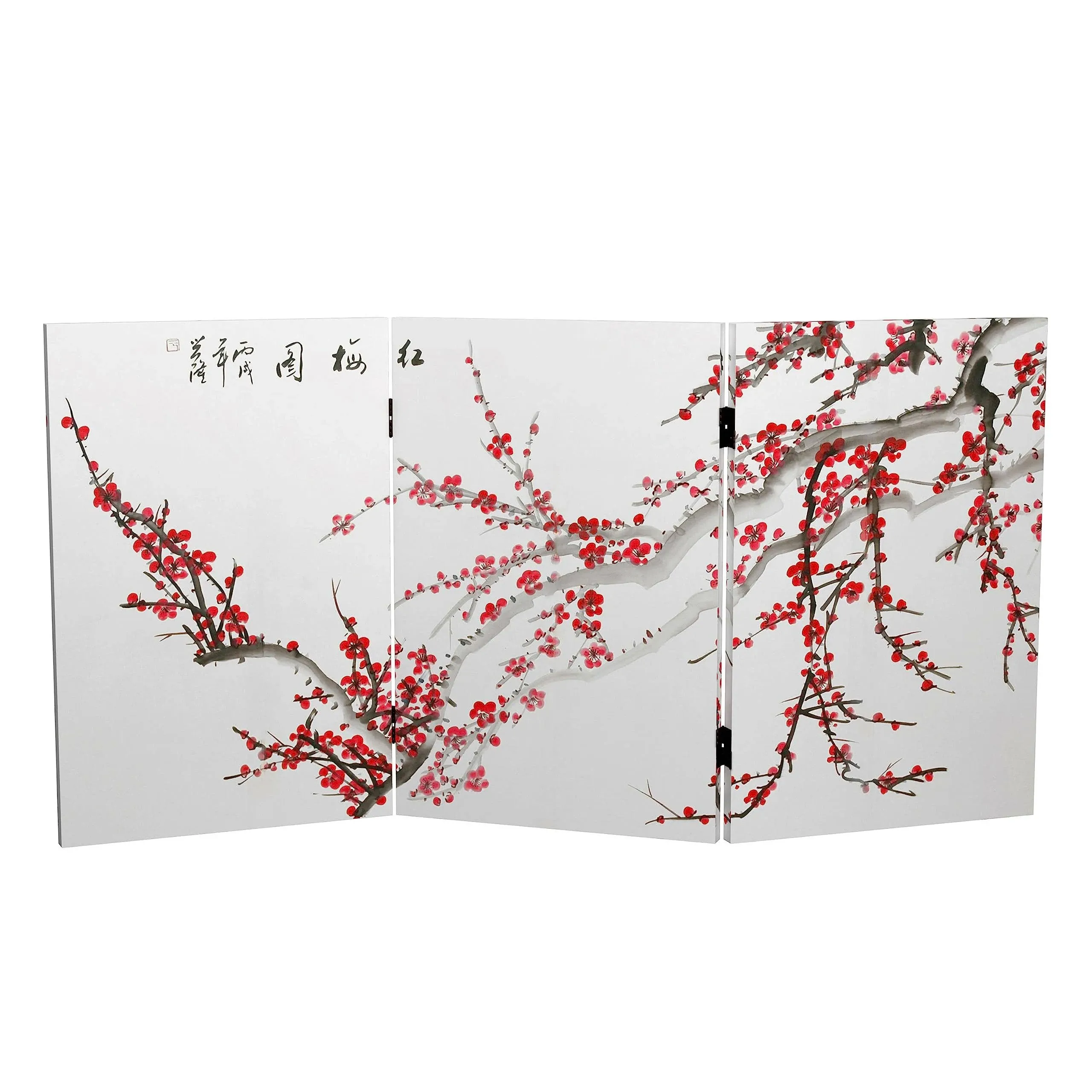 Red Lantern 2 ft. Short Plum Blossom Canvas 3-Panel Folding Screen