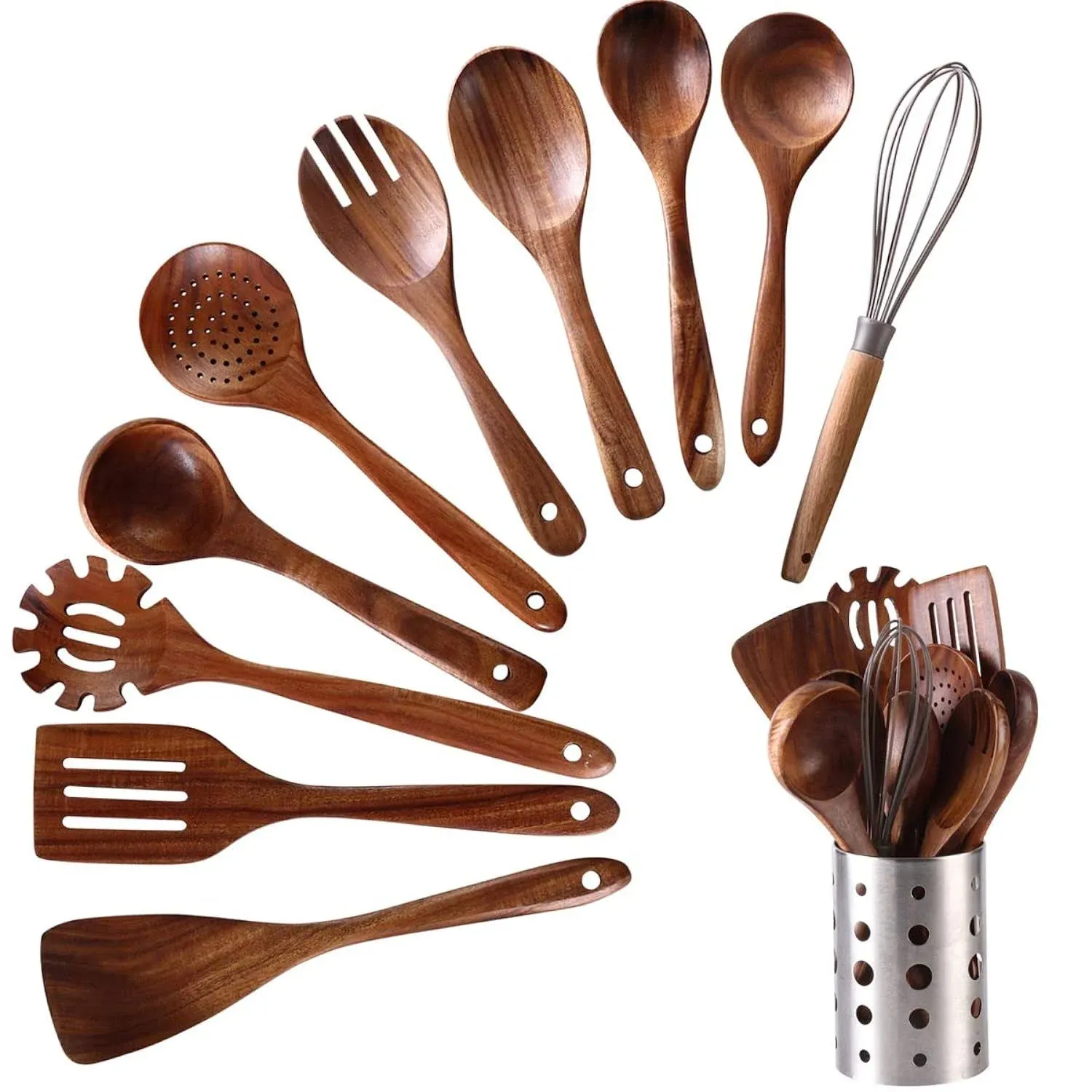 Wooden Kitchen Utensils Set with Holder, NAYAHOSE 11 Pcs Teak Wooden Cooking Spoons and Spatulas with Stainless Steel Storage Barrel