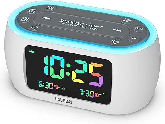 HOUSBAY Glow Small Colorful Alarm Clock Radio with Rainbow Digit, 7 Color Night Light with ON/Off Options, Dual Alarm, Dimmer, FM Radio with SleepTimer for Bedrooms