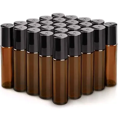 25 Pack Roller Bottles, 10ML Essential Oil Glass Roller Bottles with Stainless Steel Roller Balls (1 Openers,2 Funnels,3 Droppers) (25PCS 10ml Amber)