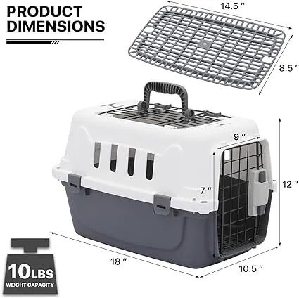 MoNiBloom 18-Inch 2-Door Top Loading Cat Carrier, Plastic Dog Crate Hard-Sided Dog Travel Carrier for Small Dogs and Cats, Ventilation and Security Lock Design for Pets up to 10 lbs (Grey)