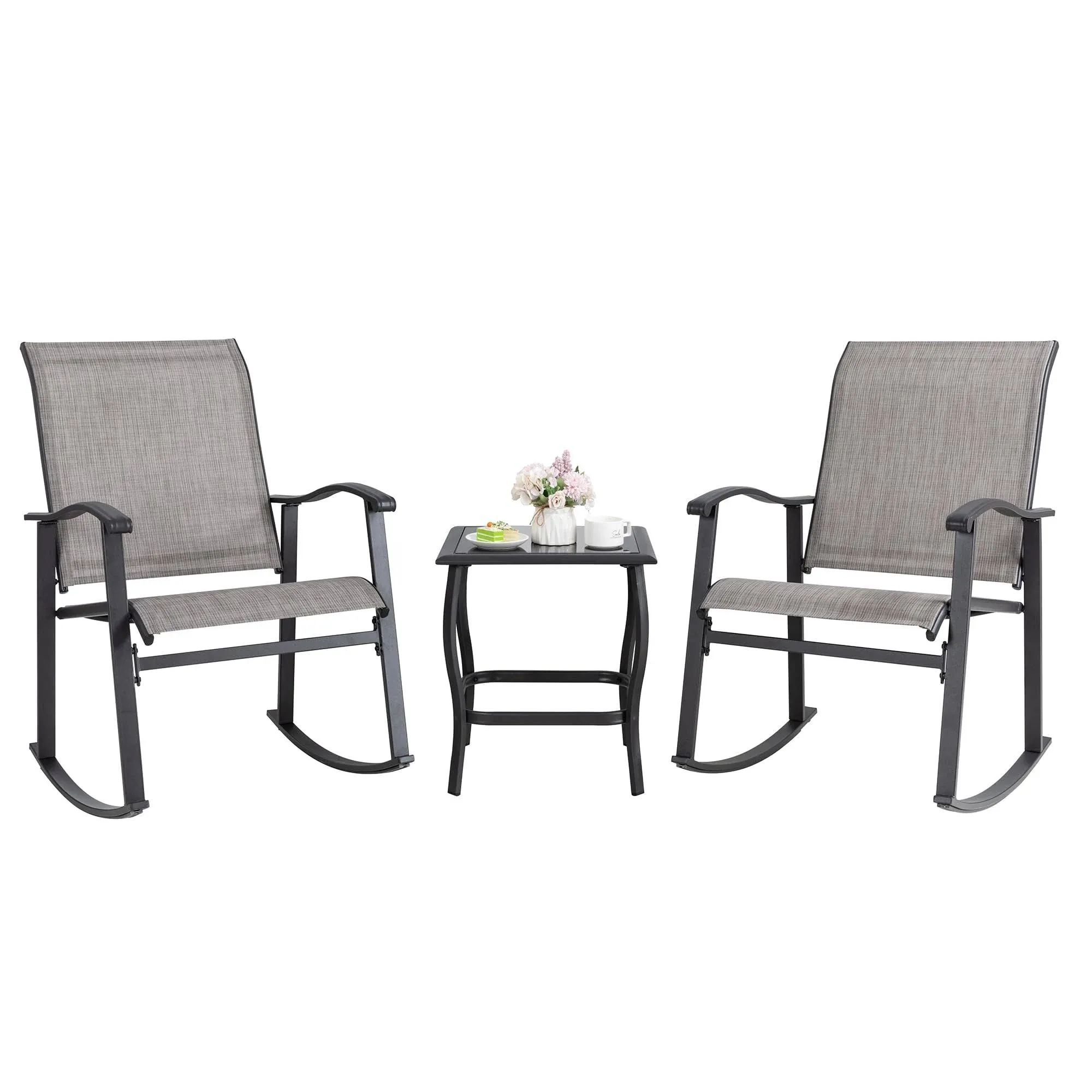 3 Piece Rocking Bistro Set, Outdoor Furniture with Rocker Chairs and Glass Co...