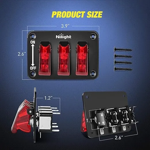 Nilight 3 Gang Toggle Switch 12V Rocker Switch Panel with LED Light and Flip Cover Heavy-Duty On/Off Switch Plate 3 Pin SPST,Red