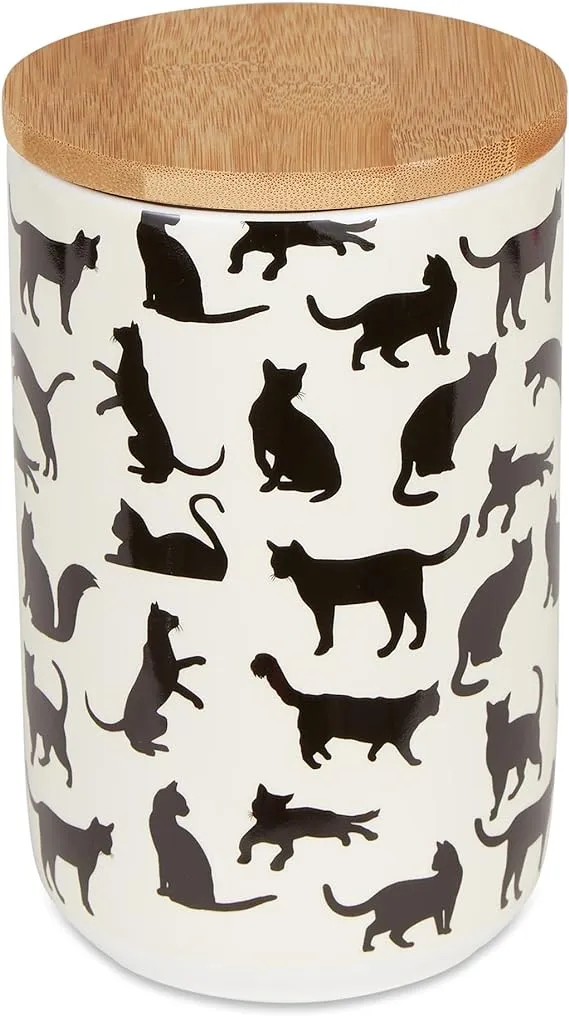 Bone Dry Ceramic Treat Jar for Cats and Dogs, Bamboo Lid, Dishwasher Safe Canister, 4x6.5, Black/White, Cat Treats