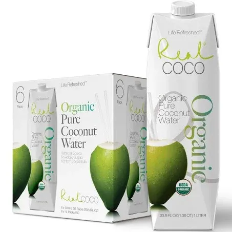 Real Coco Organic Pure Coconut Water 6Pack 1L USDA Organic No Added Sugar Plant Based Packed with Electrolytes Vegan