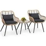 Verano Garden 3 Piece Patio Bistro Set, Outdoor Wicker Conversation Chair Sets Balcony Furniture,Coffee Table with Glass Top, Cushions & Lumbar Pillows for Porch, Backyard, Deck, Poolside