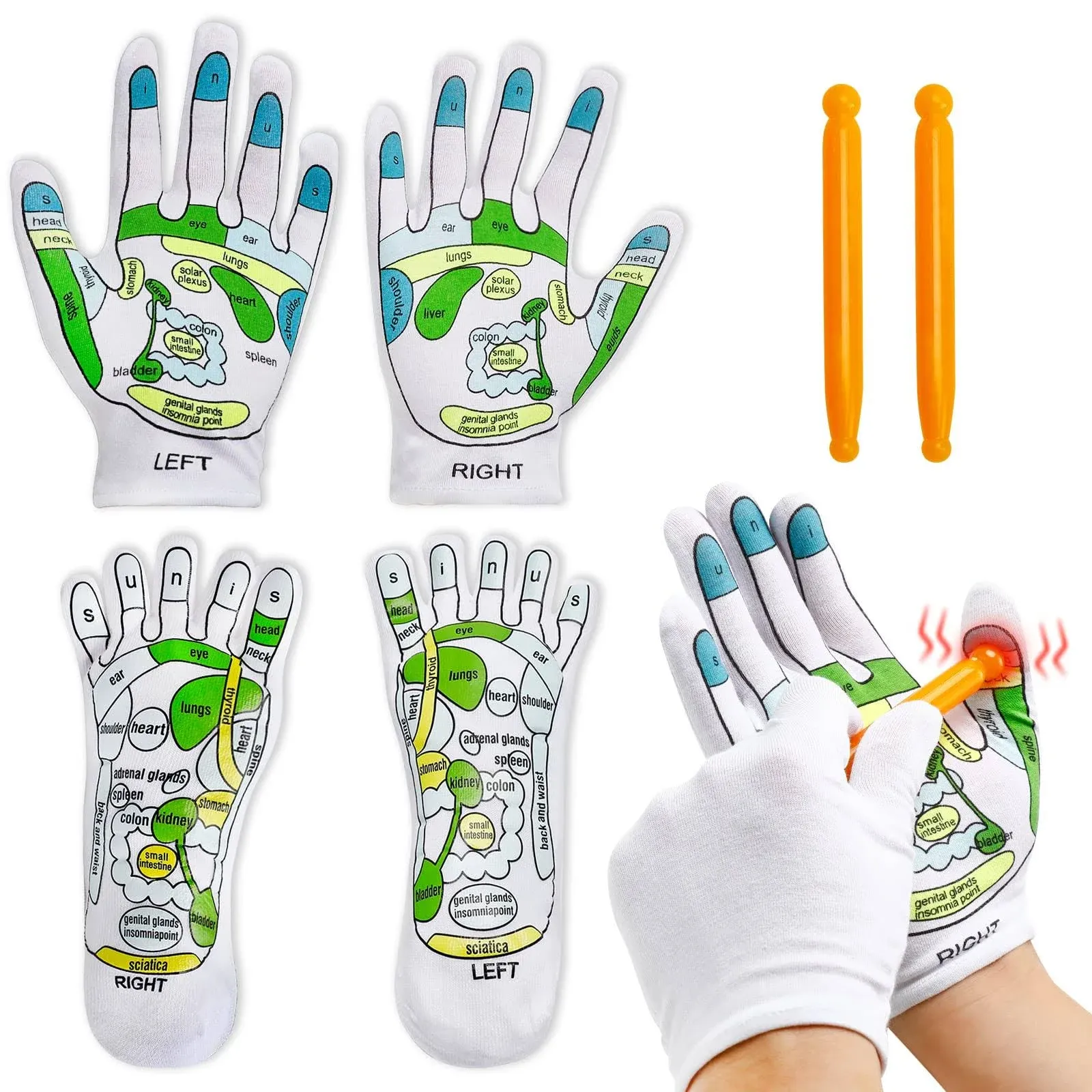 Onukaly 4PCS Reflexology Socks and Gloves Tool Set, Hand Spa Reflexology Tools Massage and Foot Massage with Massage Rod for Women and Men Tired Relieve