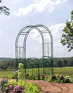 Plow & Hearth Arch Metal Outdoor Garden Arbor | Montebello | 84-in (H) x 53-in (W) x 23-in (D) | White | Iron Trellis Lattice for Climbing Plants | Wedding | Outdoor Patio Décor (Green-with Gate)