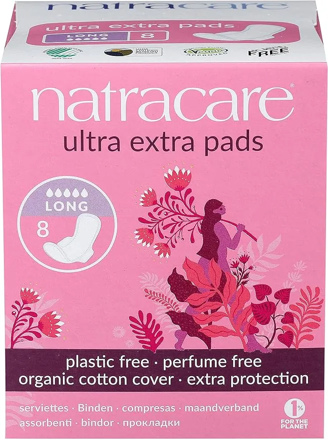 Natracare Ultra Extra Pads with Wings, Long, Individually Wrapped, Made with Certified Organic Cotton, Ecologically Certified Cellulose Pulp and Plant Starch (1 Pack, 8 Pads Total)