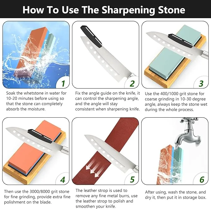 IMAYCC Knife Sharpening Stone Set - 400/1000 and 3000/8000 Grit Whetstone Knife Sharpener Set with Non-Slip Rubber, Angle Guide, Flattening Stone, Leather Strop and Cut Resistant Gloves