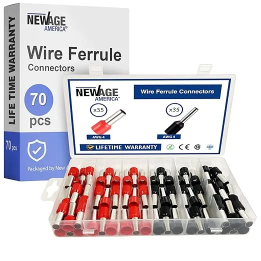 New Age America® 70pcs Wire Ferrules Kit | AWG 4 | Copper & Nylon | Black & Red | Insulated Cord Pin End Terminal | Cable Ferrules | Wire Ends Terminal Kit | 4 Gauge Ferrule | Crimp Connectors