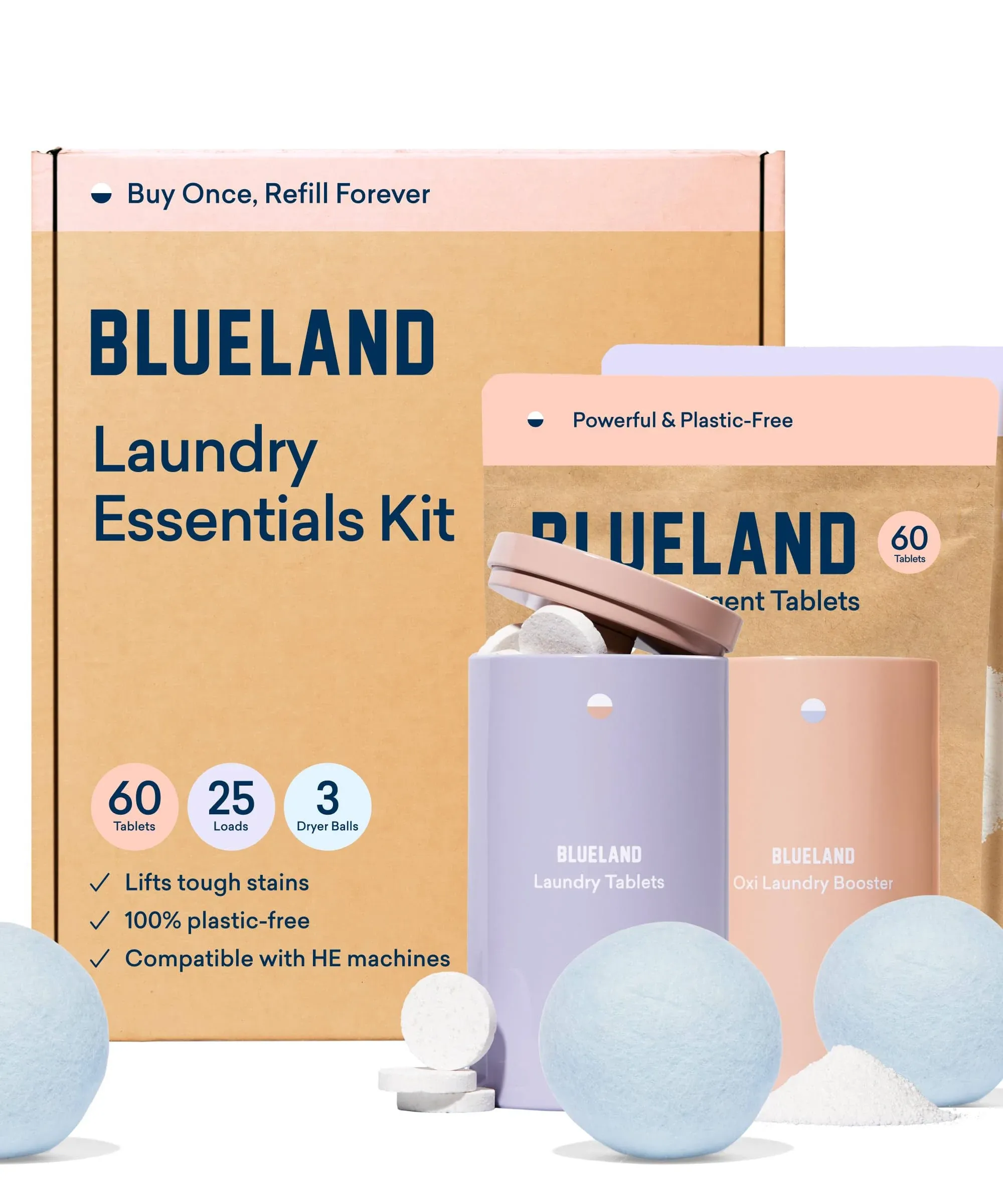 Blueland Laundry Essentials Kit - Plastic-Free Laundry Detergent Tablets, OXI Booster, and Reuseable Natural Wool Dryer Balls for Dryer - Eco