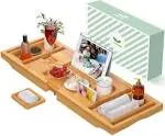 Artmalle Bathtub Caddy Tray for Tub,Foldable Bamboo Bath Table Tray with Book and Wine Glass Holder, Expandable Bathroom Accessories with Free Soap