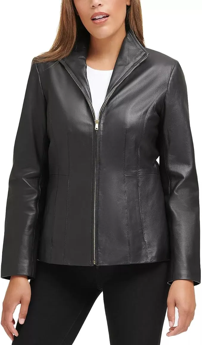 Cole Haan Women's Fully Lined Wing Collar Leather Coat