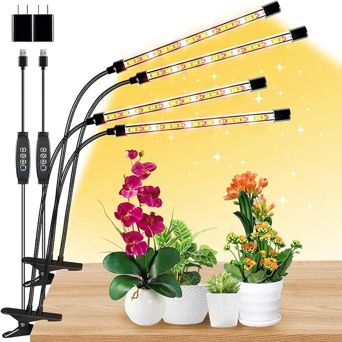 LPMZMBL Full Spectrum 2 Heads Plant Grow Lights for Indoor Plants with 10 Feet Cables,10 Dimmable Levels and 3/9/12H Timer(Adapter Included)