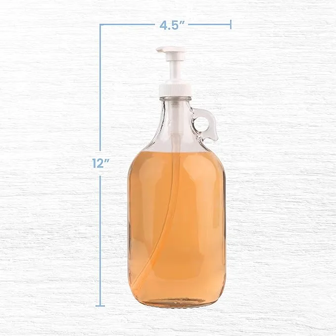 kitchentoolz Half Gallon Glass Pump Dispenser Bottle, Large Jug with Pump for Laundry Soap Dispenser, Liquid Detergent, Fabric Softener, Syrup Pump - 64 oz Capacity