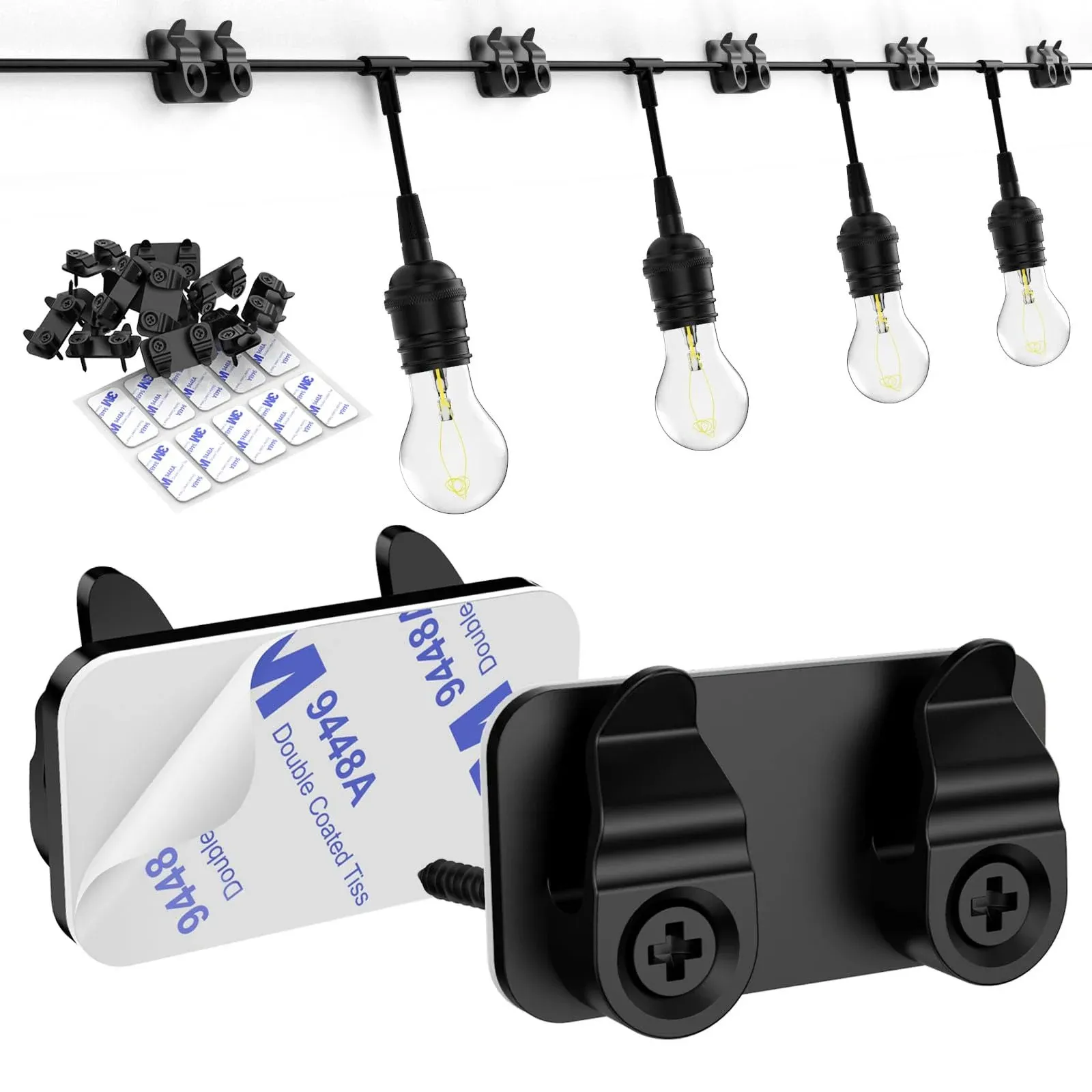 Hooks for Outdoor String Lights Clips, 50Pcs Heavy Duty Light Hook with Waterproof Adhesive Strips, Outside Black Cord Holders for Hanging Christmas Lighting, Outdoors Sticky Clip