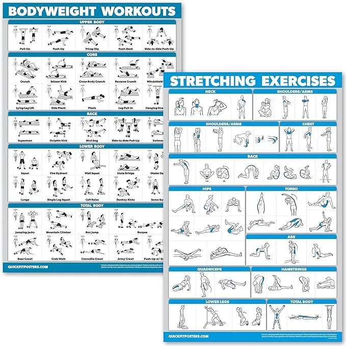 QuickFit Bodyweight Workouts and Stretching Exercise Poster Set - Laminated 2 Chart Set - Body Weight Exercise Routine & Stretching Workouts Laminated