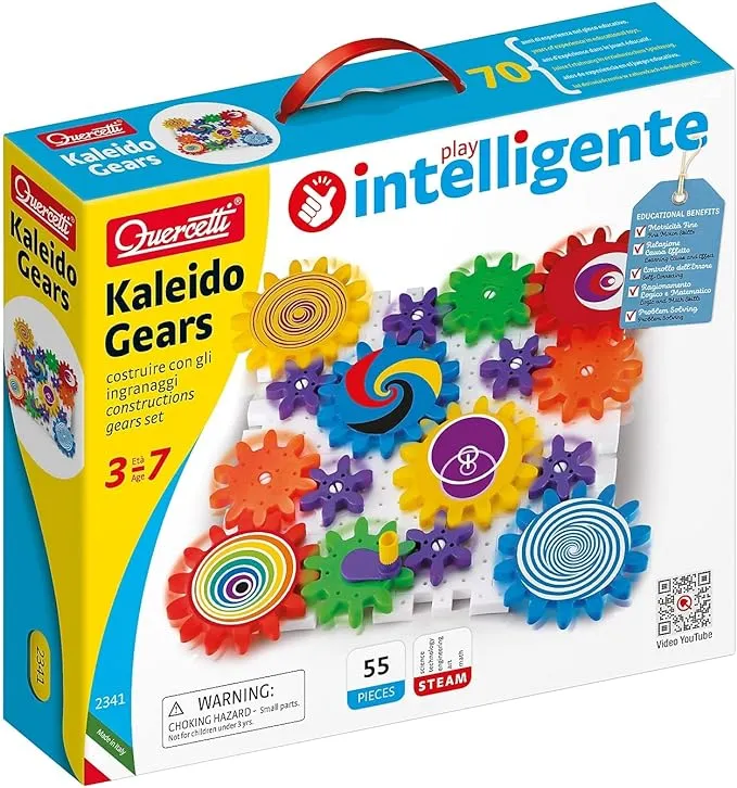 Quercetti Kaleido Gears - 55 Piece Building Set with 3 Different Sized Gears, Medium