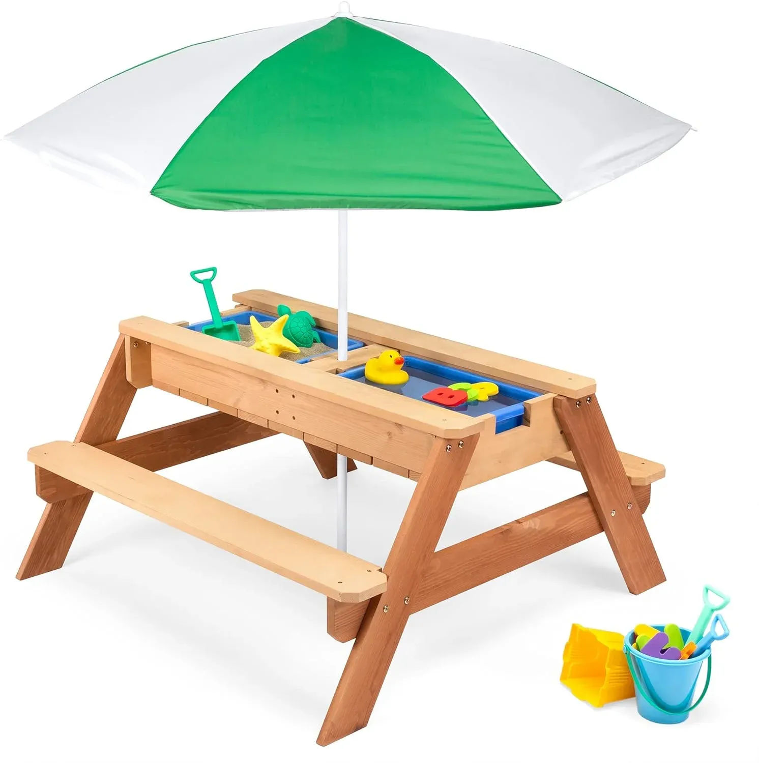 Best Choice Products BCP 3-in-1 Kids Convertible Wood Sand & Water Picnic Table with Umbrella