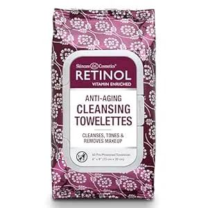 Retinol Anti-Aging Cleansing Towelettes – All-in-One Cleanser, Toner & Makeup Remover in a Convenient Pre-Moistened Wipe – On-The-Go Exfoliating, Toning & Hydrating Leaves Skin Clean, Fresh & Refined