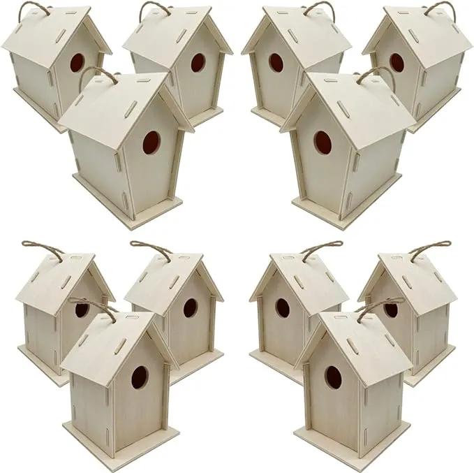 12pcs Unfinished Wood Birdhouses DIY Wooden Bird House for Crafts and Kids Arts Unpainted Bird House to Paint