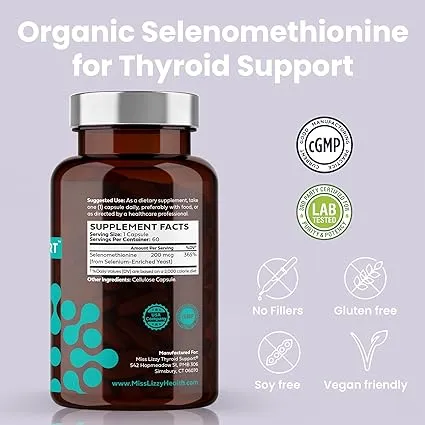 Miss Lizzy ThyroConvert – Organic Selenomethionine for Healthy Liver Function and T4 to T3 Thyroid Hormone Conversion to Boost Metabolism & Energy, Clear Mind & Reduce Oxidative Stress – 60 Capsules