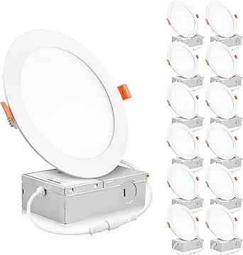 PARMIDA (6 Pack) 6 Inch Ultra-Thin LED Recessed Ceiling Light with Junction Box, 12W, Dimmable Canless Wafer Slim Panel Downlight, IC Rated, ETL-Listed - 5000K