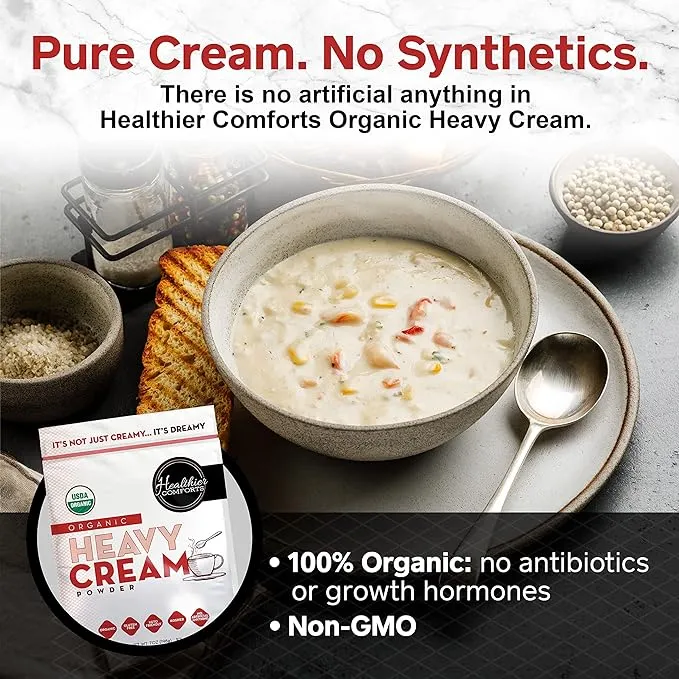 Healthier Comforts Organic Heavy Cream Powder (72% Butterfat) | USDA Organic | Kosher, Gluten Free, Non-GMO, and Keto Friendly Half and Half Organic Heavy Cream for Pasta | Made in the USA 7 oz.