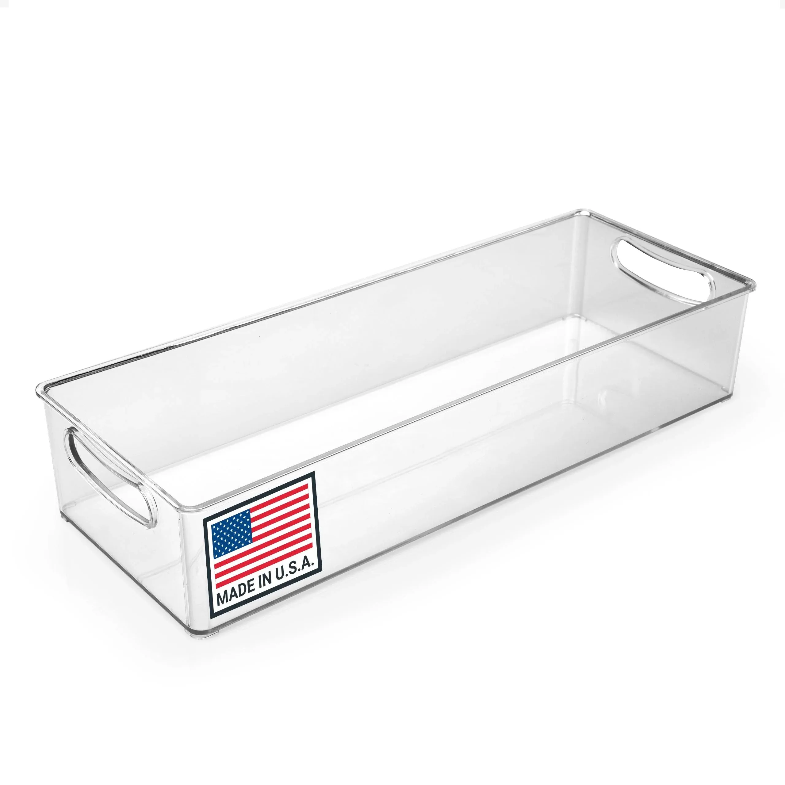 15-Inch Refrigerator Organizer Bin with Handles - Clear Plastic Storage for Fridge, Pantry, or Countertop - Dishwasher Safe - Made in the USA