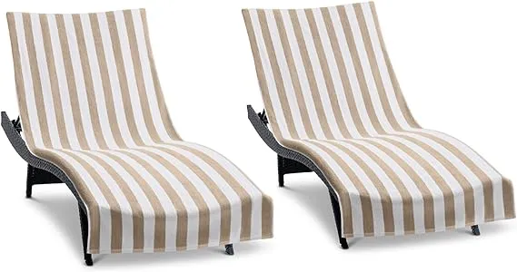 Arkwright California Chaise Lounge Cover - Pack of 2 - Striped Soft Cotton Cabana Towel with Pocket Holder for Beach Pool Outdoor Chair, 30 x 85 in., Beige