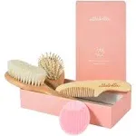 Ullabelle 4 Piece Wooden Baby Hair Brush and Comb Set for Newborns & Toddlers in Chic Gift Box - Ultra Soft Natural Goat Hair and Wood Baby Brush Set Prevents Cradle Cap - Perfect Registry Gift (Pink)