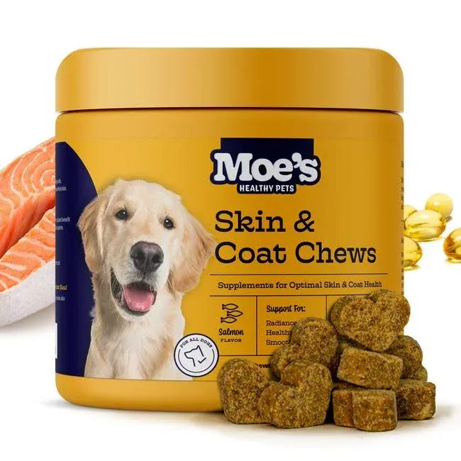 Moe’s Skin & Coat Omega 3, 6, 9 and Vitamin Supplement for Dogs- Supports Dryness, Itch Relief, & Thick, Shiny Coats- Premium Wild Alaskan Salmon Oil- For All Ages and Breeds- 90 Salmon Flavored Chews