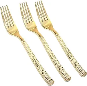 Supernal 300pcs Gold Plastic Forks,Disposable Hammered Forks,Premium Heavyweight Silverware Polished,Perfect for Big Party,Christmas Party Silverware