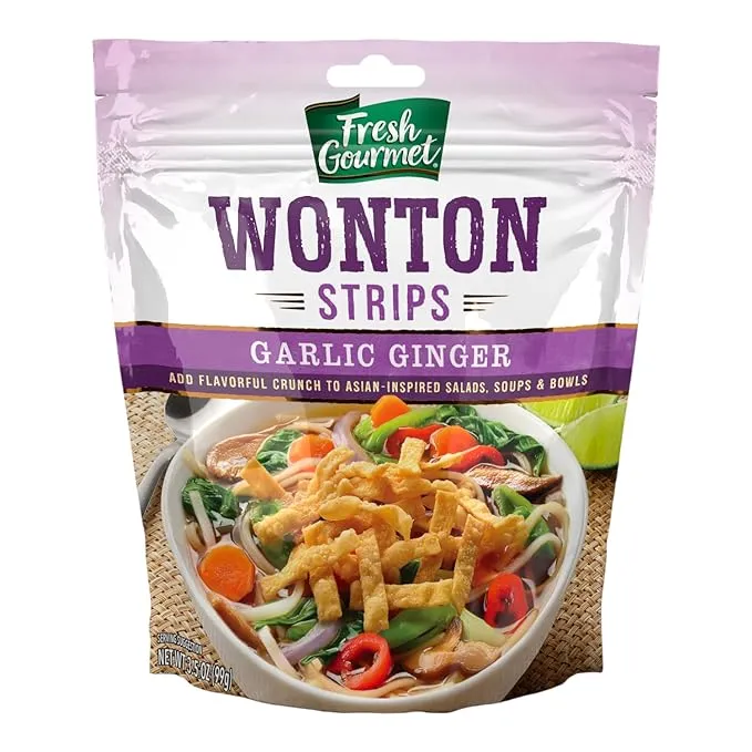 Fresh Gourmet Garlic Ginger Wonton Strips | Low Carb | Crunchy Snack and Salad Topper 3.5 Ounce, (Pack of 9)