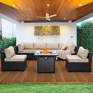 Valita 7 Piece Outdoor PE Wicker Furniture Set, Patio Black Rattan Sectional Sofa Couch with Washable Khaki Cushions,Adjustable Gas Fire Pit