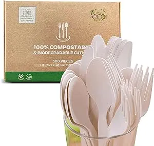 300-piece Compostable Cutlery | Sturdy Kitchen Compostable Utensils | Reusable, Biodegradable, Cutlery Set Disposable Forks (125), Spoons (125), and Knives (50) for Parties, Catering & Camping Trips