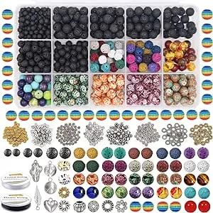 EuTengHao 702Pcs Lava Beads Stone Rock Beads Rainbow Striped Beads Kit with Chakra Beads Cloisonne Beads Spacer Beads Bracelet String Cord for Diffuser Essential Oils Adult Jewelry Making Supplies