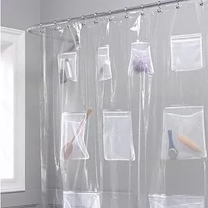 Waterproof Fabric Shower Curtain or Liner with 9 Storage Pockets Bathroom Shower (Clear)