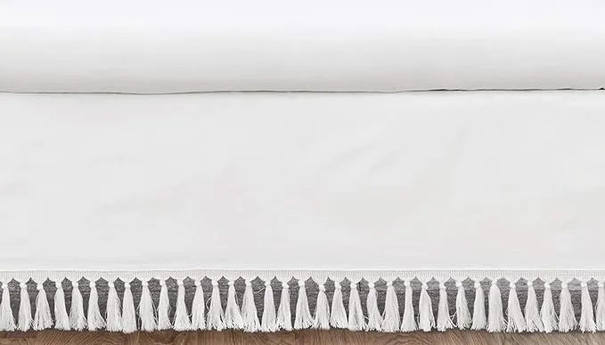 Sweet Jojo Designs White Boho Bohemian Girl Baby Nursery Crib Bed Skirt Dust Ruffle - Solid Color Shabby Chic Princess Luxurious Luxury Elegant Vintage Designer Boutique Victorian Cotton Fringe Tassel