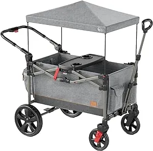 Busy Bee Foldable Wagon Stroller for 2 Kids, Push Pull Collapsible Kids Wagon with Adjustable Handle Bar, Removable Canopy, 5-Point Harness, Shock-Absorbing Wheels, Grey