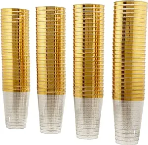 12oz Hard Plastic Party Cups – Perfect for Home, Office, Bars, Weddings, Showers, Birthdays, Anniversaries, and Parties! Durable & Stylish Old Fashioned Tumblers (Gold Glitter with gold rim, 50 Pack)