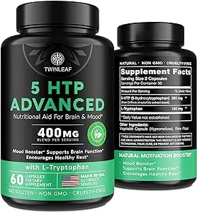 TWINLEAF 5 HTP Supplement for Mood Support - Made in USA - Natural 5-HTP & L-tryptophan Capsules - 5-HTP Booster for Men & Women - Proprietary Formula for Mood and Relaxation - 60 Vegan Capsules