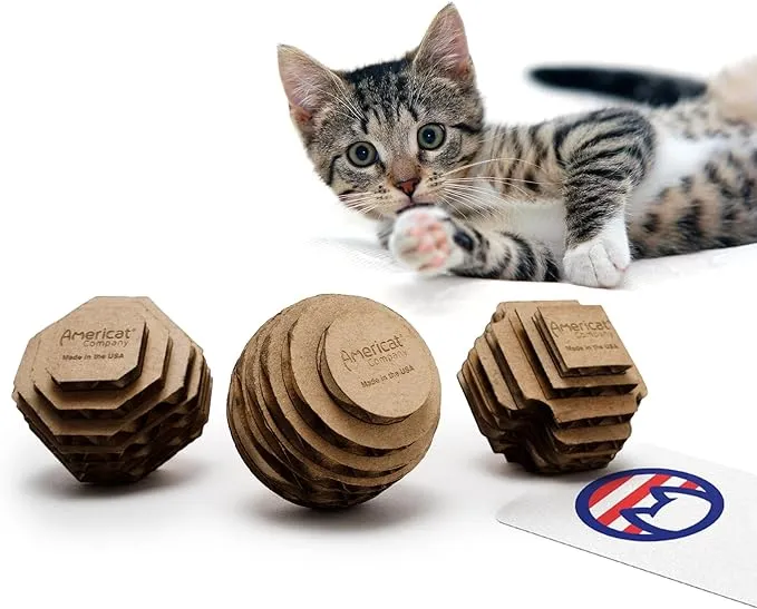 Cat Ball Toys by Americat – Made in USA – Safe Cardboard Cat Toys – for Interactive and Independent Play, Exercise & Stress Relief for All Breeds & Ages (Variety Pack of 3 Balls)