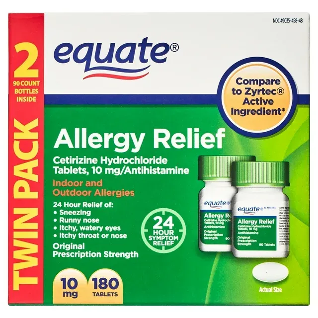 Equate 24 Hour Allergy, Cetirizine hydrochloride Tablets, 10 mg, 90 Count, 2 Pack, Size: 23 oz