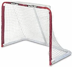 Mylec Steel Junior Hockey Goal for Indoor + Outdoor (52” x 43”), Easy Assembly, Lightweight, Portable, and Net Weave System (Red, 17 Pounds)