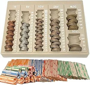 Budgetizer Coin Counter and Sorters Money Tray – Bundled with 64 Coin Roll Wrappers – 6 Storage Compartment Change Organizer and Holder - Ideal Coin