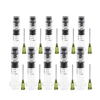 10 Pack Borosilicate Glass Syringe - 1ml Syringe, Heat Resistant Luer Lock Syringe for Labs - Glue Syringe for Use With Liquids, Glue, Oils, Ink - Bonus 14GA Blunt Tip Non-Hypodermic Needles